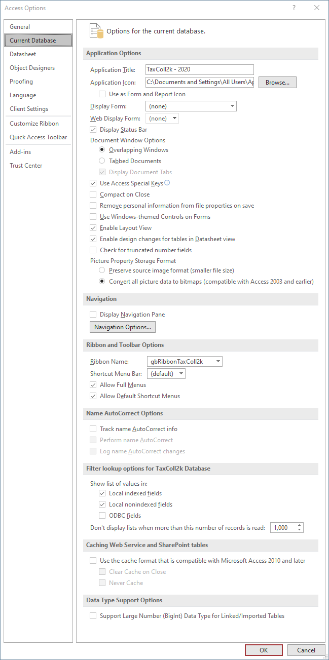 Screenshot of the Current Database Options Dialog