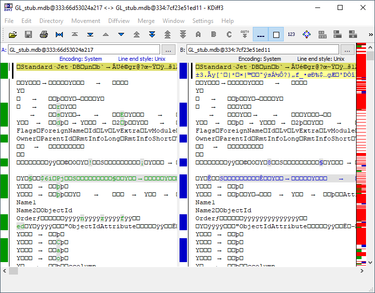 kdiff3 screenshot comparing two versions of a stub.mdb file