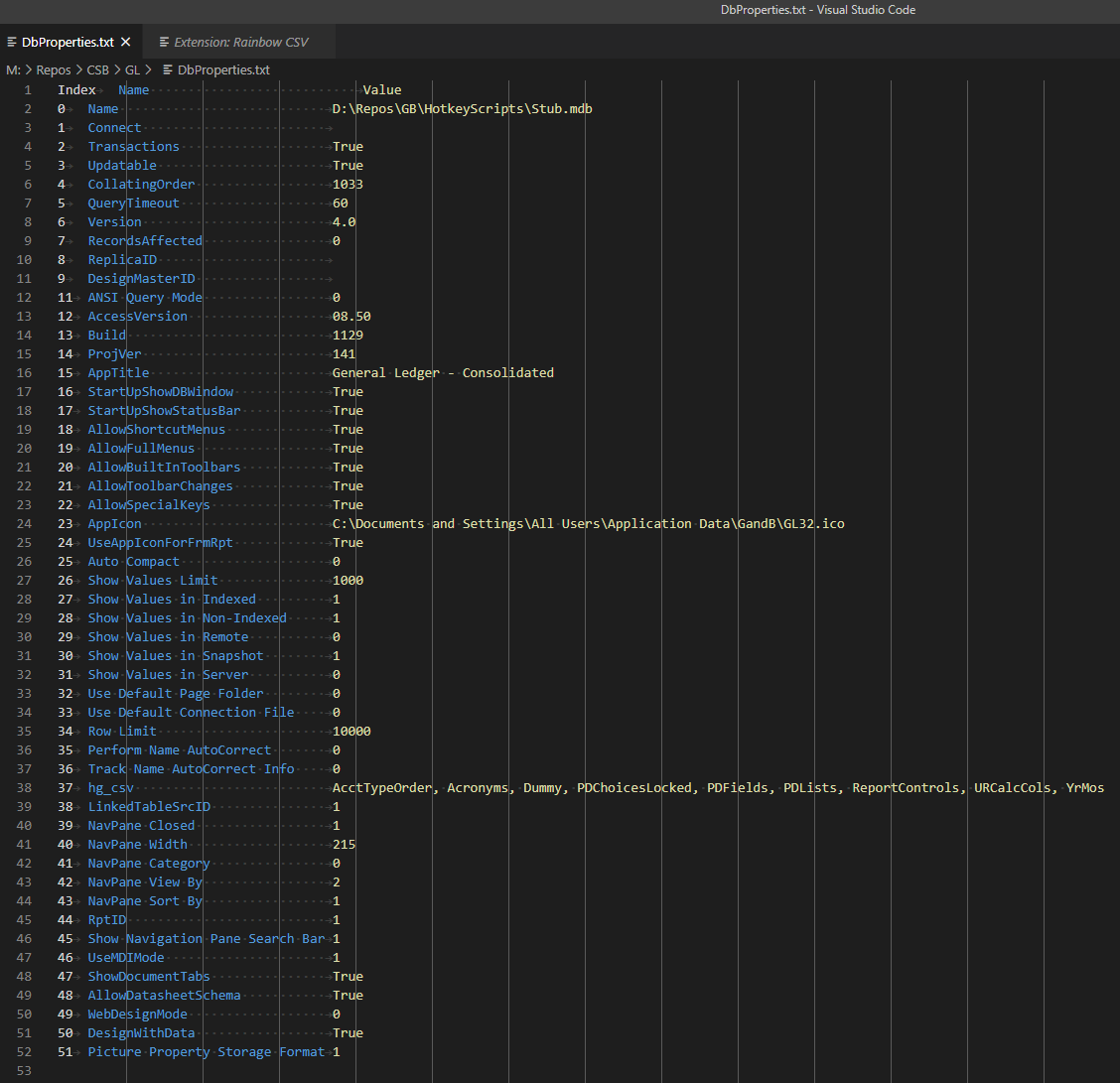 Screenshot of DbProperties.txt in Visual Studio Code