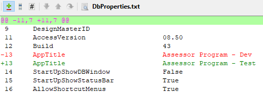 Screenshot of the TortoiseHg diff window for DbProperties.txt