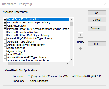 Screenshot of the VBA References dialog