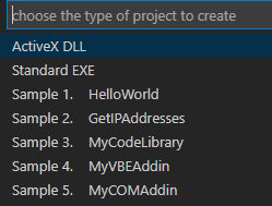 Screenshot: choose the type of project to create: pick from 2 standard project types and 5 sample templates