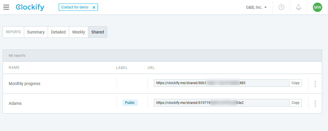 Shared Reports in Clockify