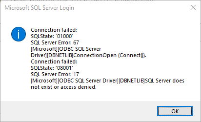 Connection failed: SQL Server does not exist or access denied.