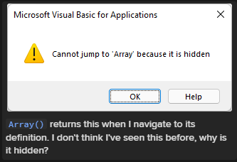 Error message, "Cannot jump to 'Array' because it is hidden"