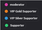 Discord role legend showing four colored badges: purple moderator, orange VIP Gold Supporter, blue VIP Silver Supporter, and green Supporter