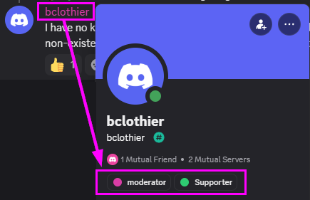Discord user profile for bclothier showing moderator badge in purple and Supporter badge in green below the username